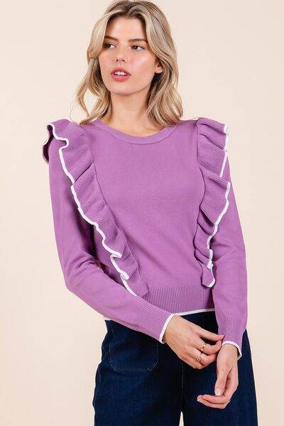 Mittoshop Contrast Trim Ruffled Round Neck Knit Top - Hovatok