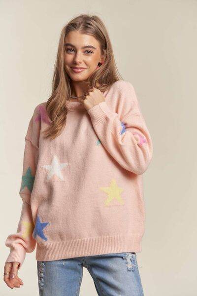 ADORA Stars Pattern Round Neck Drop Shoulder Sweater - Hovatok