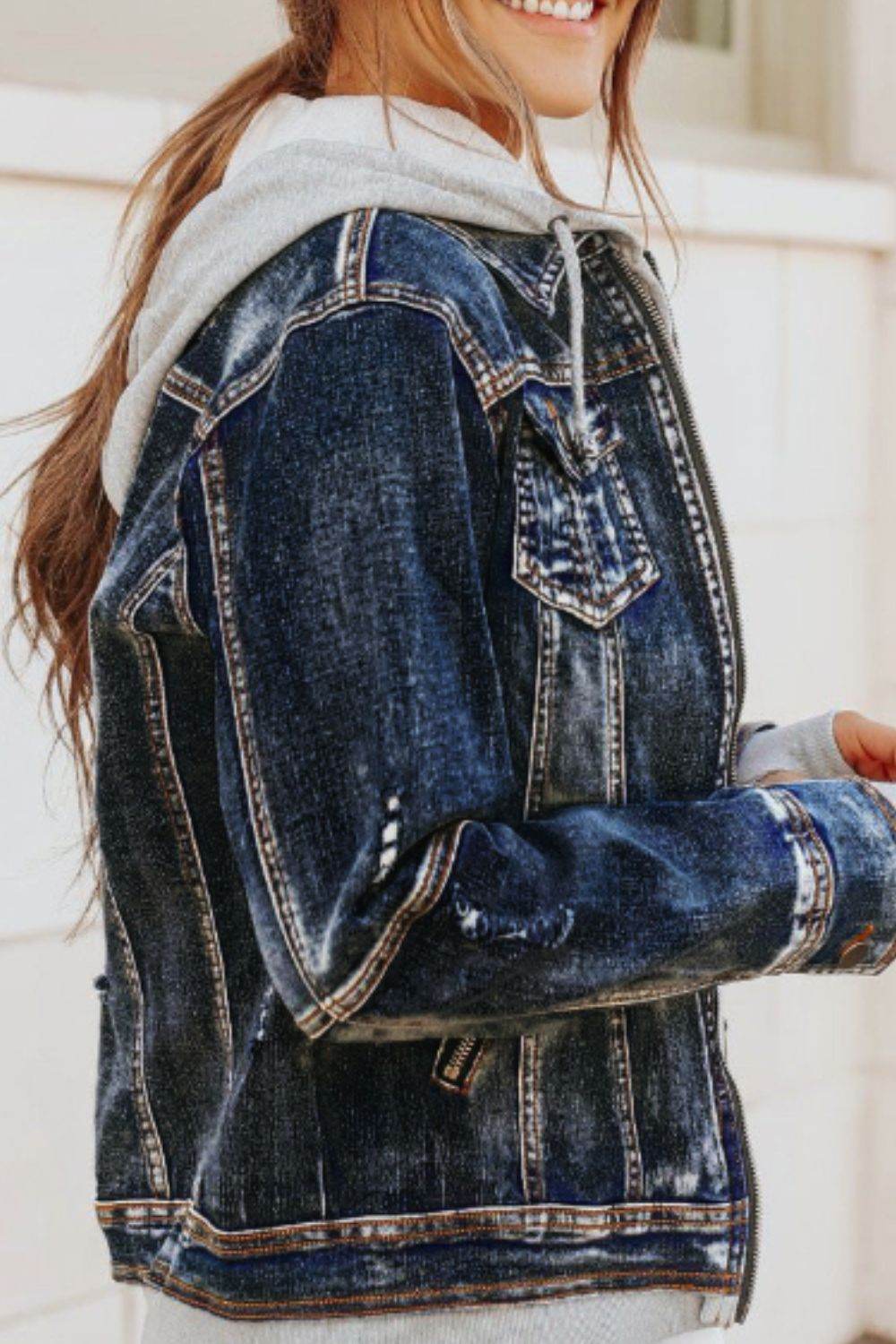 Fake Two-Piece Hooded Zip-Up Denim Jacket - Hovatok