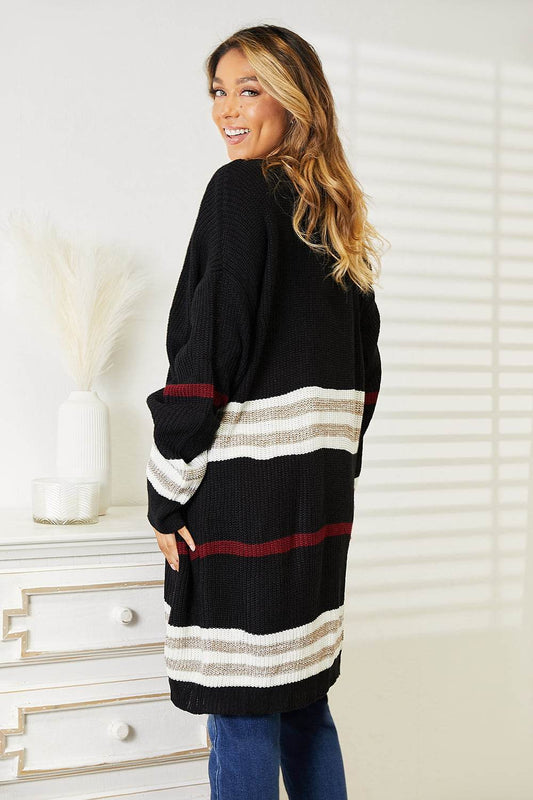Perfee Striped Rib-Knit Drop Shoulder Open Front Cardigan - Hovatok