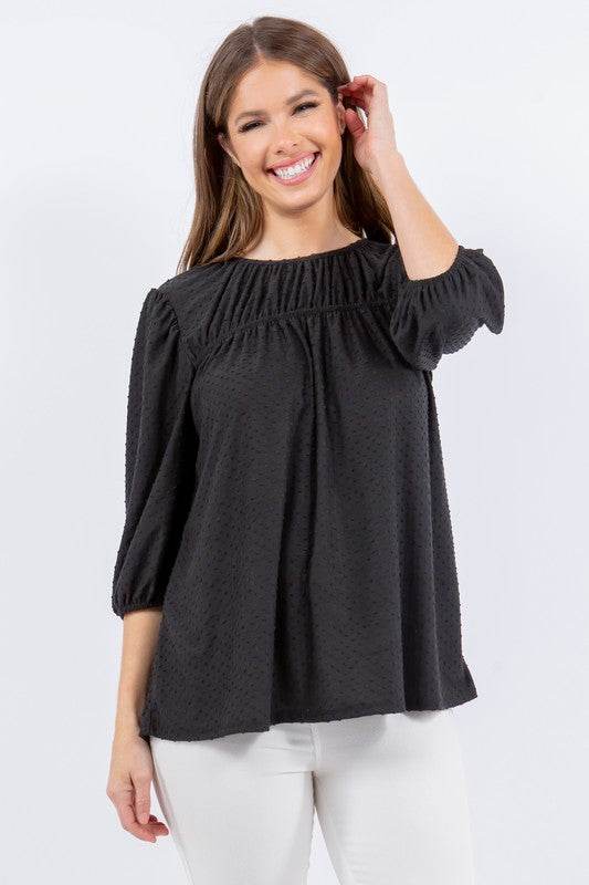 Celeste Full Size Puff Sleeve and Bow Detail Top Plus Size - Hovatok