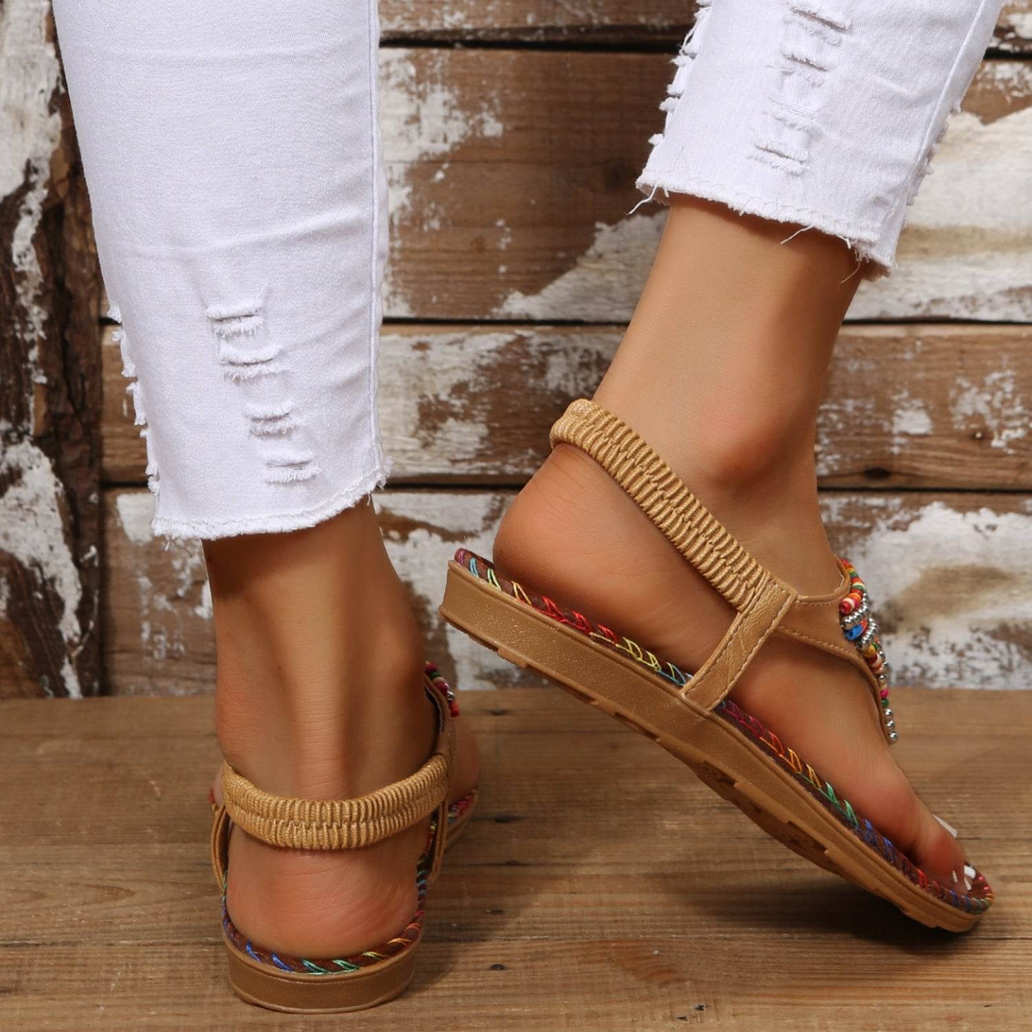 Beaded PU Leather Open Toe Sandals - Hovatok