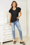 Mandy Eyelet Tie-Neck Flutter Sleeve Blouse - Hovatok