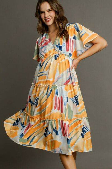 Umgee Full Size Abstract Print Flutter Sleeve Frill Tiered Midi Dress Plus Size - Hovatok