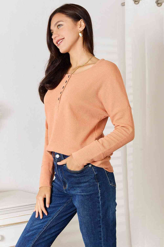 Basic Bae Half Button Long Sleeve Top - Hovatok