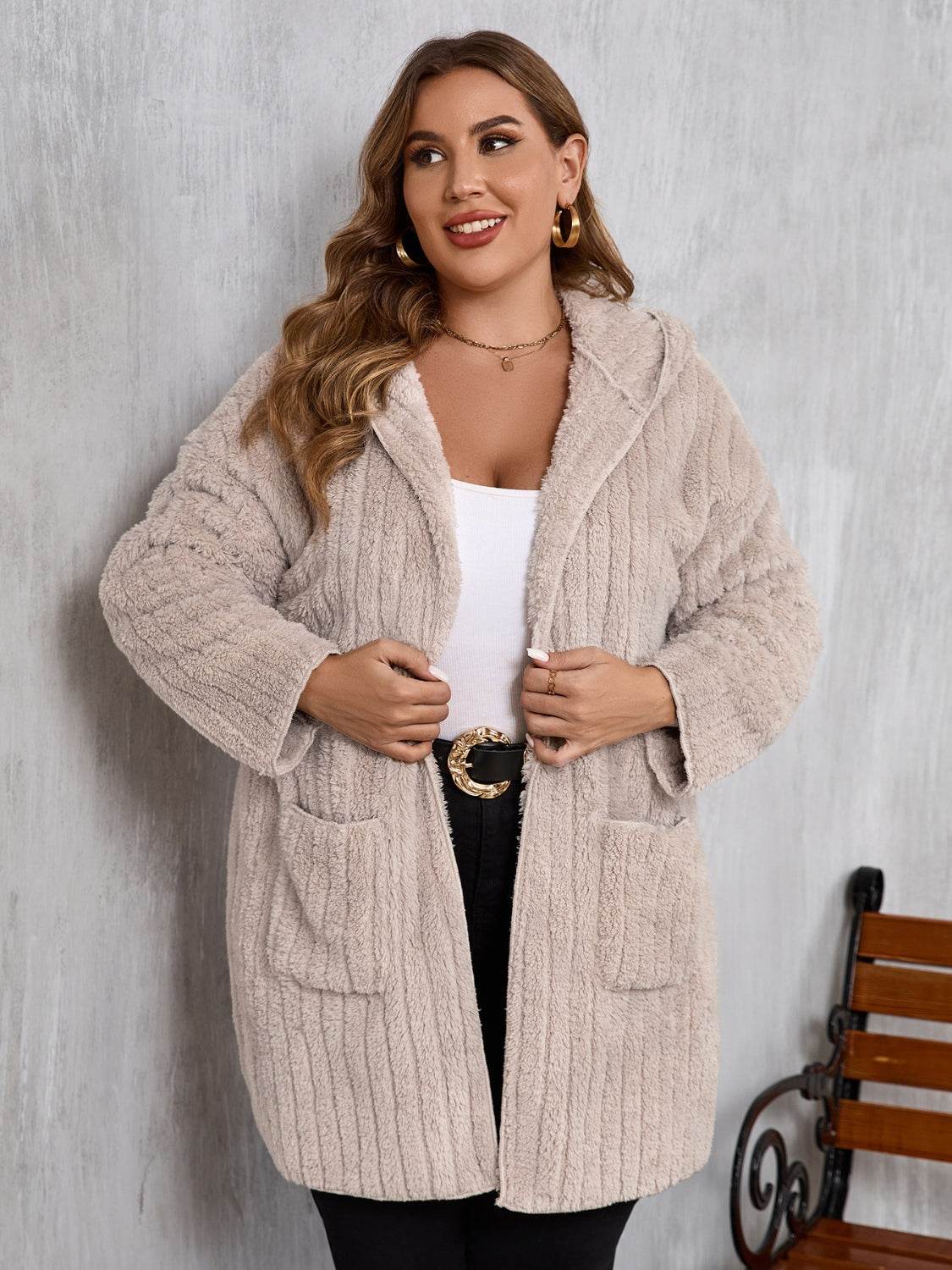 Plus Size Open Front Long Sleeve Hooded Fuzzy Jacket - Hovatok