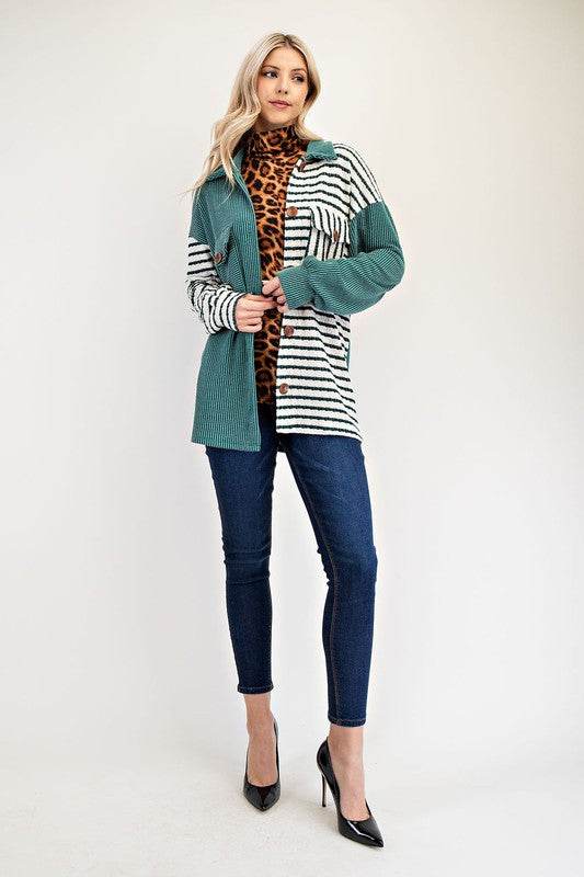 Celeste Full Size Striped Button Up Dropped Shoulder Shacket - Hovatok