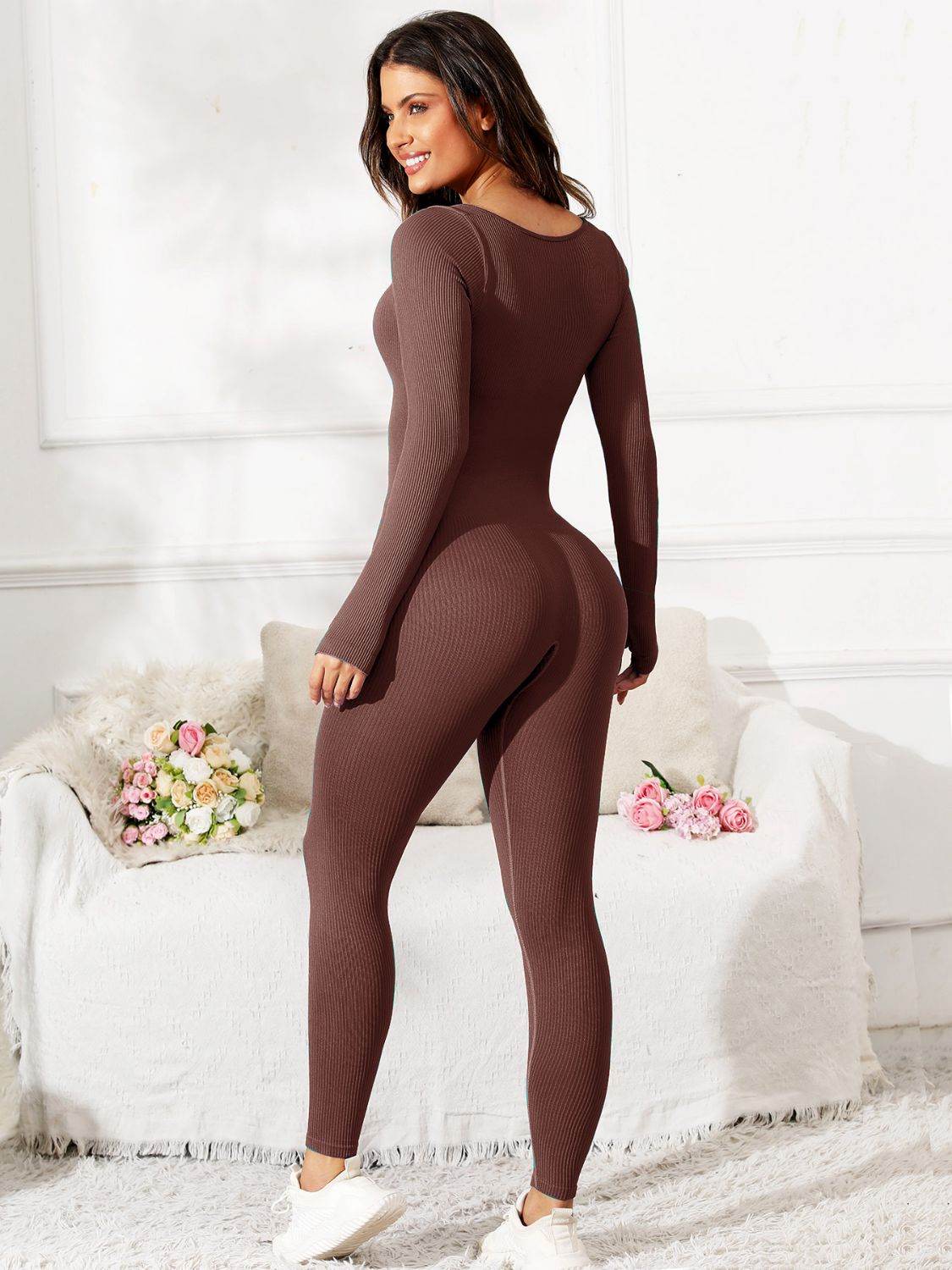 Scoop Neck Long Sleeve Active Jumpsuit - Hovatok