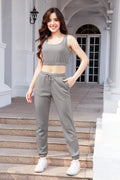 Waffle-Knit Cropped Tank and Drawstring Pants Set - Hovatok