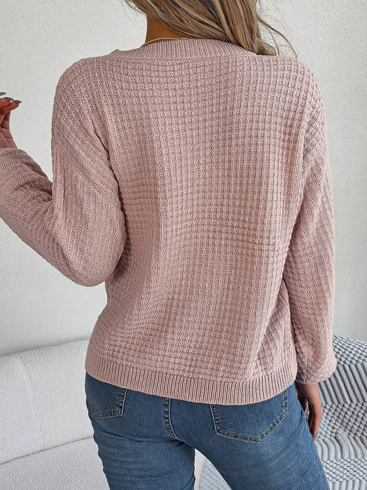 Cable-Knit Round Neck Long Sleeve Sweater - Hovatok