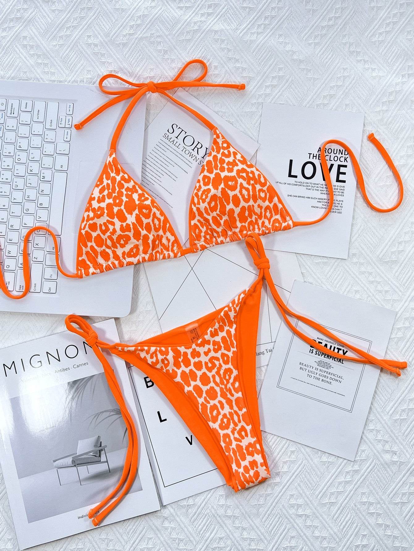 Leopard Print Halter Neck Tie Side Bikini Set - Hovatok