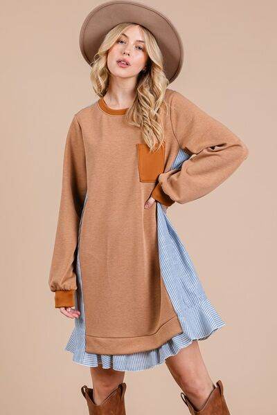 Ces Femme Striped Patchwork Round Neck Terry Sweatshirt Dress - Hovatok