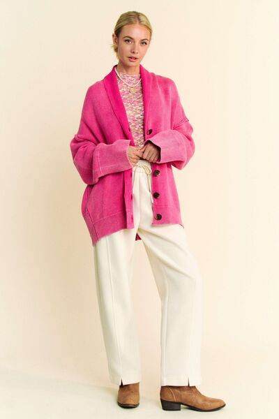 Davi & Dani Shawl Collar Ribbed Detail Button Up Cardigan - Hovatok