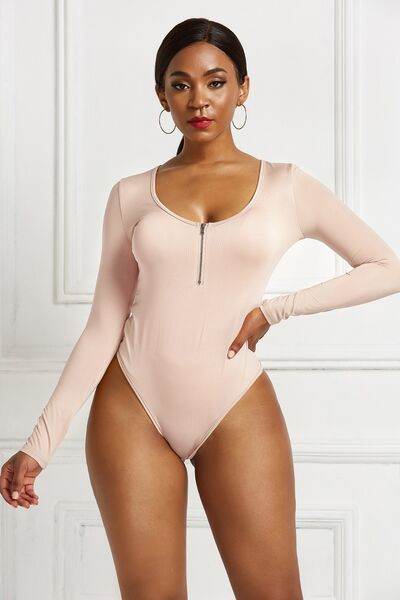 Half Zip Scoop Neck Long Sleeve Bodysuit - Hovatok