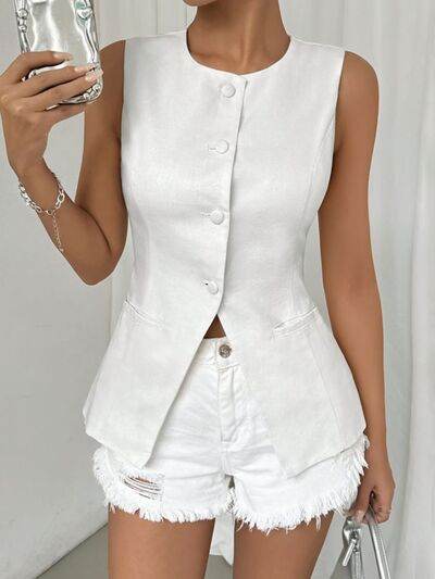 Button Down Round Neck Vest - Hovatok