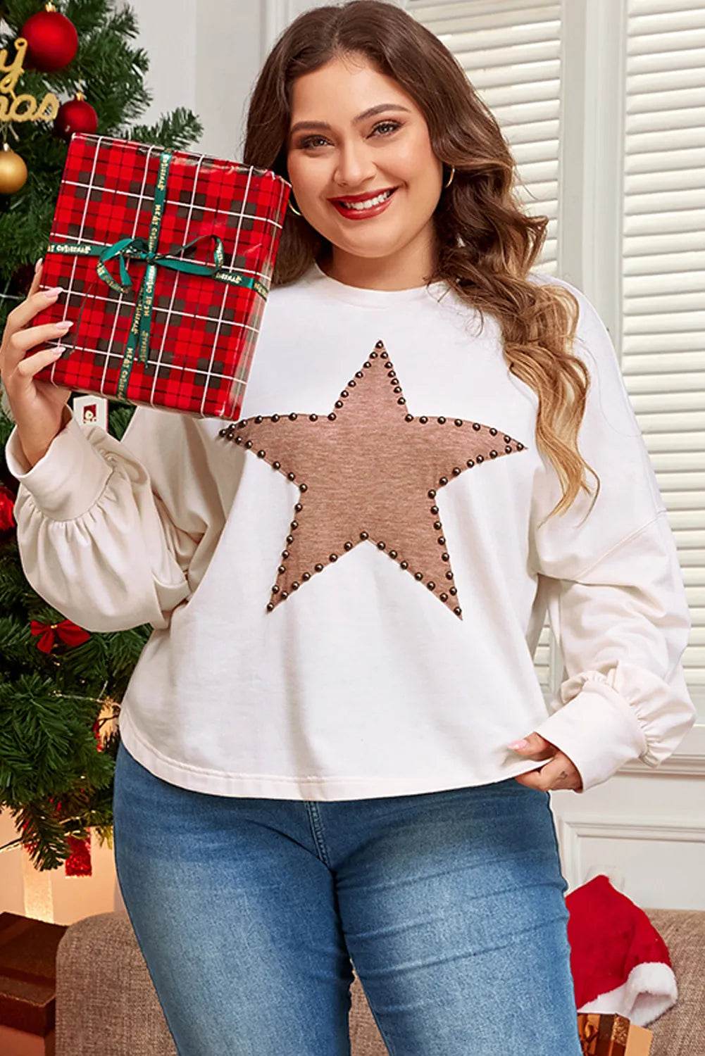 Plus Size Studded Star Round Neck Long Sleeve Blouse - Hovatok