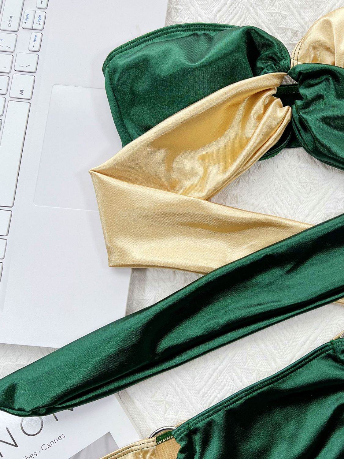 Two-Tone Ring Detail Tied Bikini Set - Hovatok