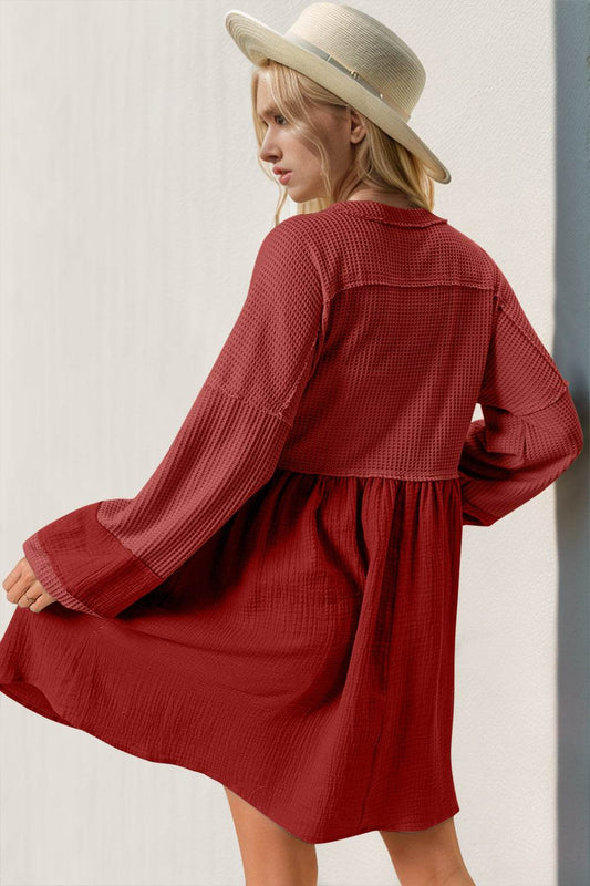 Double Take Waffle-Knit Contrast Half Button V-Neck Long Sleeve Mini Dress - Hovatok