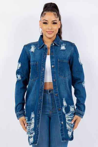 American Bazi Distressed Button Up Long Sleeve Denim Jacket - Hovatok