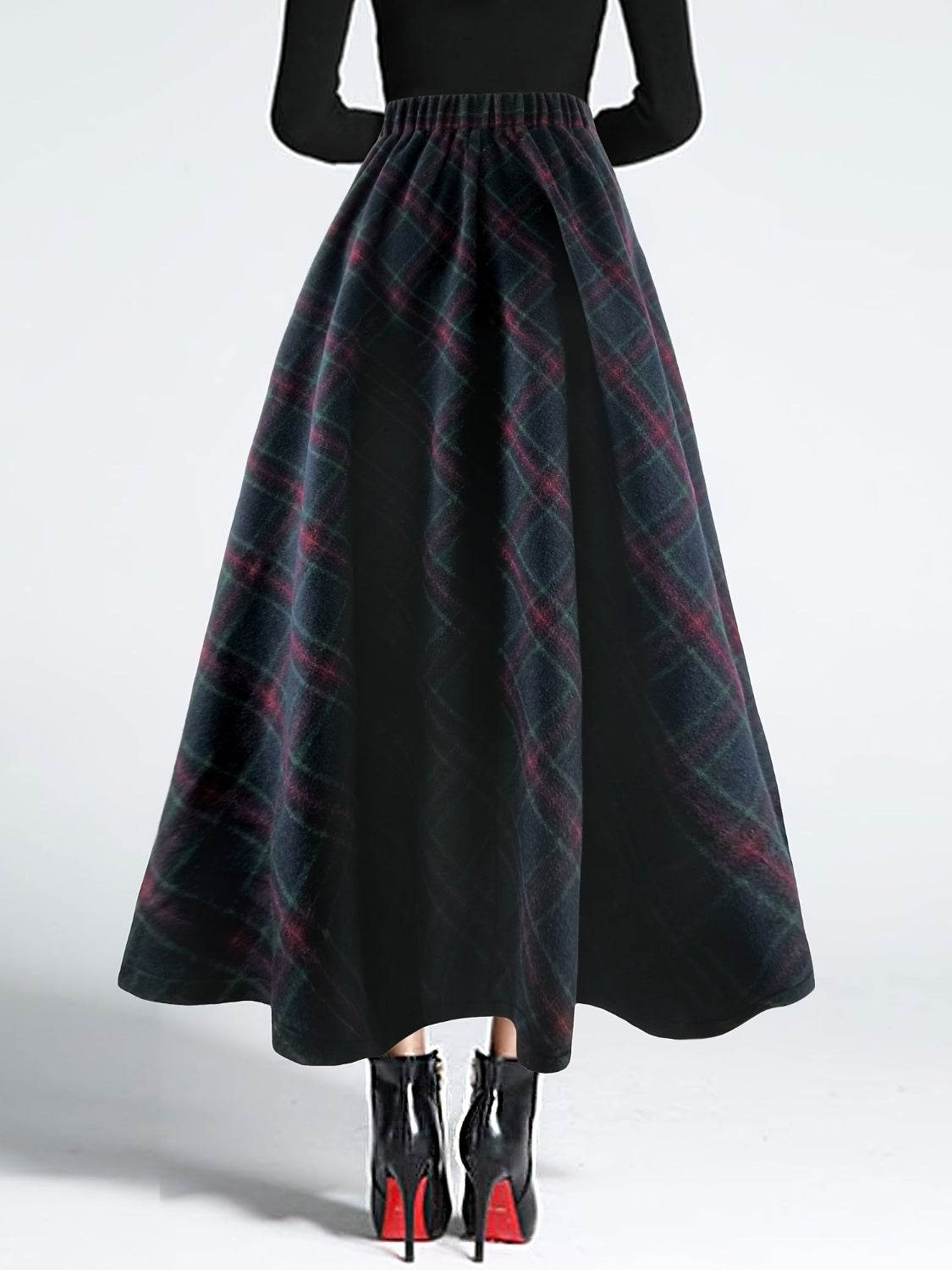 Plaid Elastic Waist Midi Skirt - Hovatok