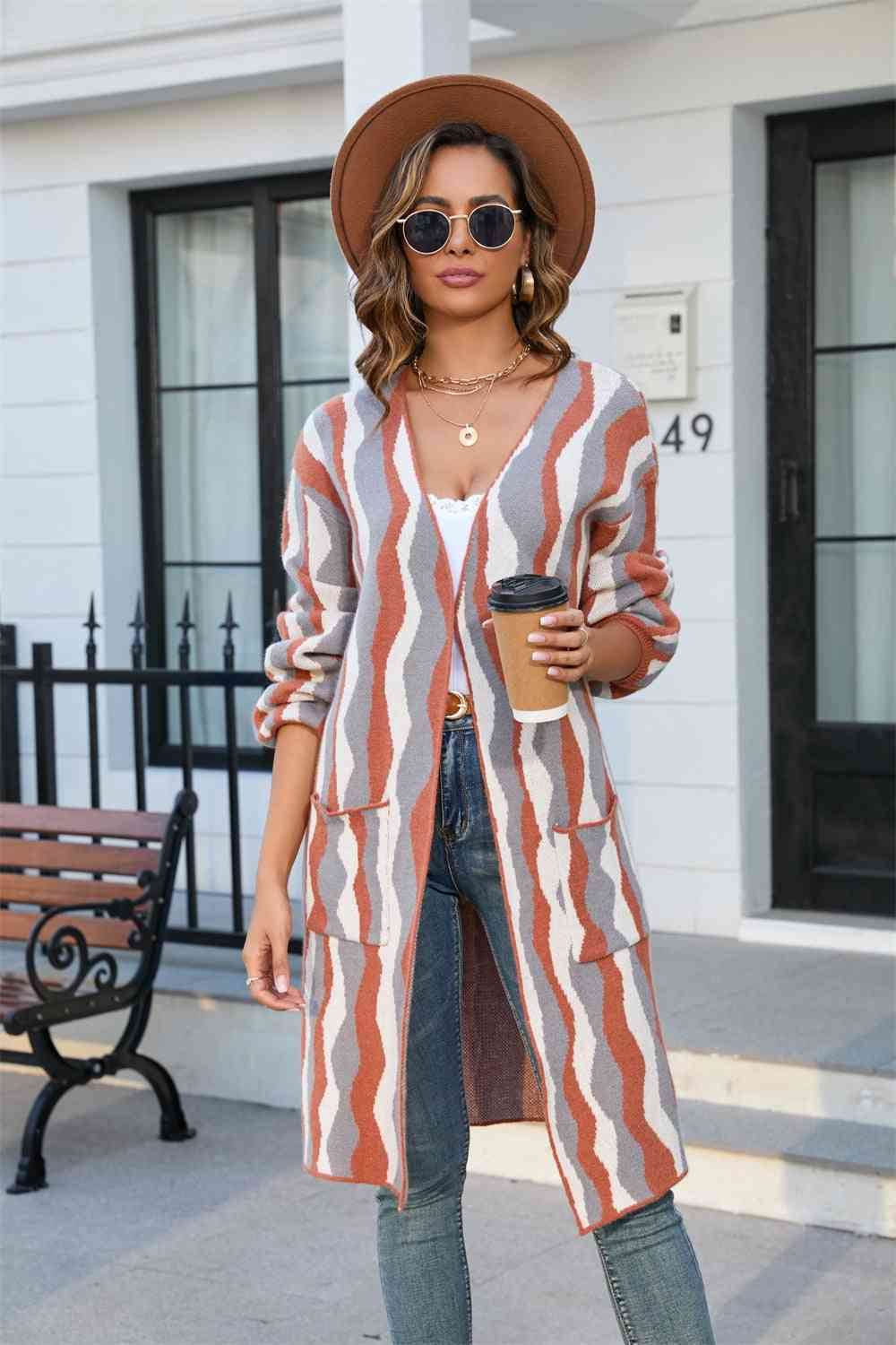 Angel Wings Printed Open Front Pocketed Cardigan - Hovatok