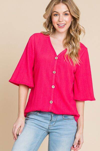 BOMBOM Texture Decorative Button V-Neck Top - Hovatok