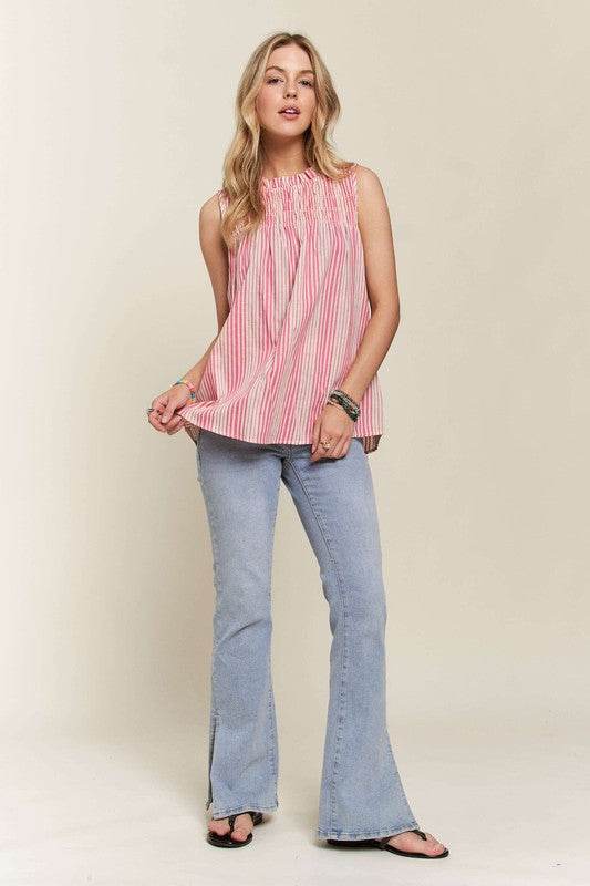 ADORA Contrast Striped Frill Round Neck Sleeveless Top - Hovatok