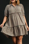 Umgee Full Size Plaid Frill Button Detail Ruffled Short Sleeve Dress Plus Size - Hovatok