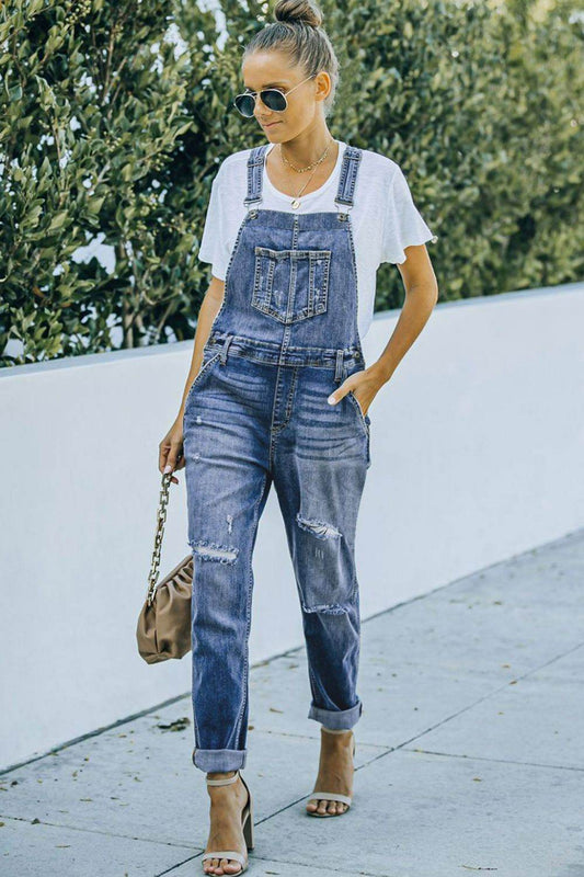 Pocketed Distressed Denim Overalls - Hovatok