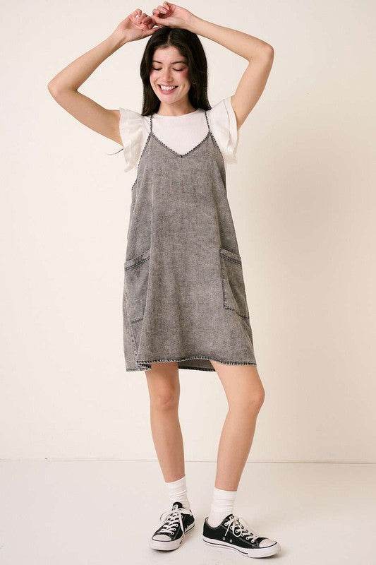 Mittoshop Washed Patch Pocket Mini Cami Denim Dress - Hovatok
