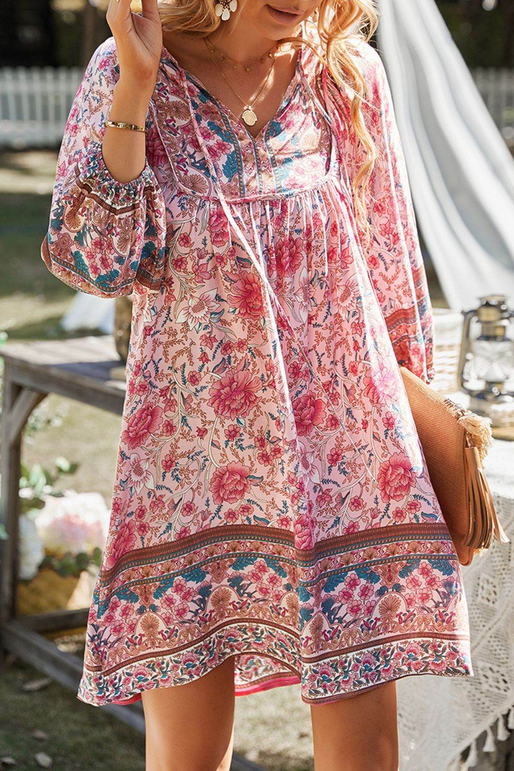 Devine Printed Tie Neck Mini Dress - Hovatok