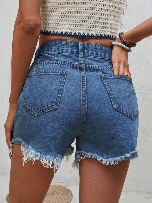 Distressed Raw Hem Denim Shorts - Hovatok