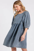 Mittoshop Washed Round Neck Puff Sleeve Denim Dress - Hovatok