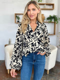 Double Take Full Size Printed Ruffle Trim Balloon Sleeve Shirt - Hovatok