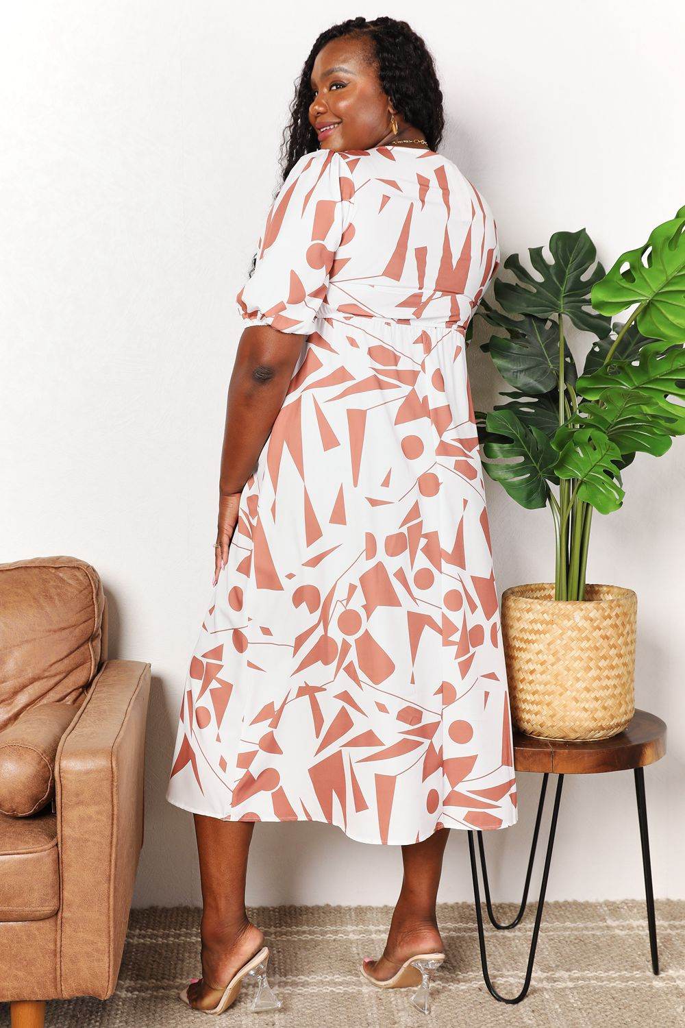 Printed Surplice Balloon Sleeve Dress - Hovatok