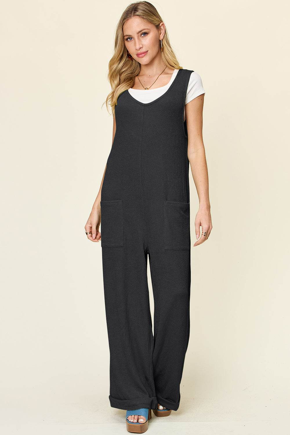 Double Take Full Size Texture Sleeveless Wide Leg Jumpsuit - Hovatok