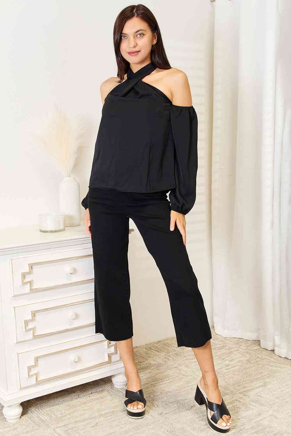 Perfee Grecian Cold Shoulder Long Sleeve Blouse - Hovatok