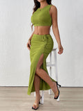 Perfee Texture Cropped Tank and Ruched Skirt Set - Hovatok