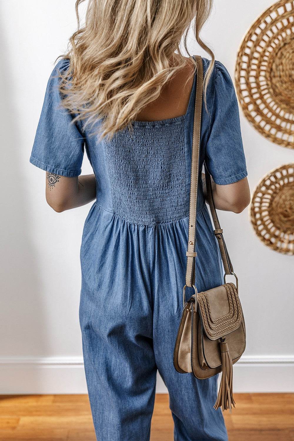 V Neck Short Sleeve Smocked Back Denim Jumpsuit - Hovatok