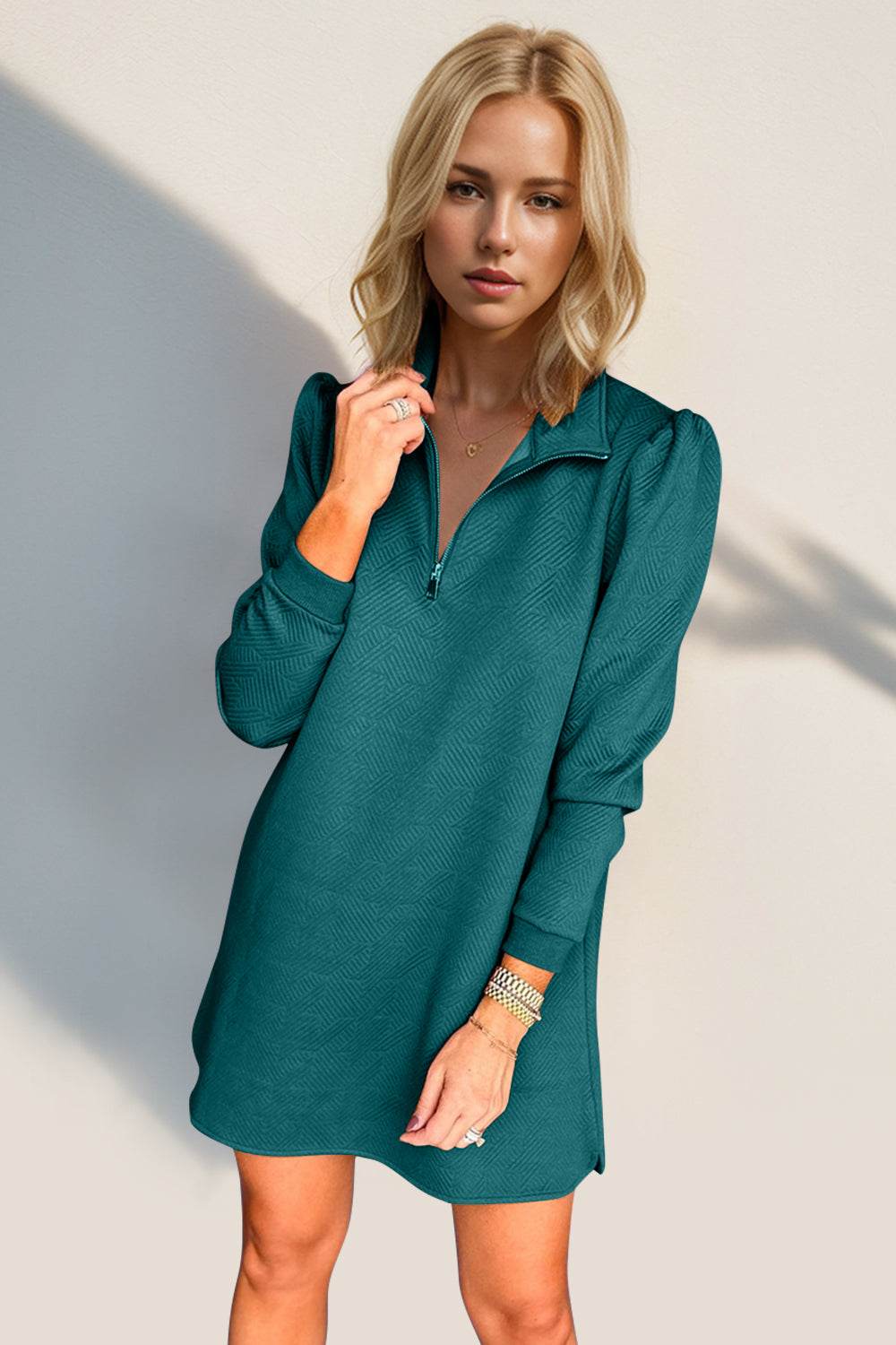Double Take Textured Quarter Zip Long Sleeve Dress - Hovatok