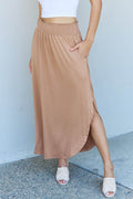Doublju Comfort Princess Full Size High Waist Scoop Hem Maxi Skirt in Tan - Hovatok