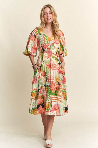 ADORA Floral V-Neck Puff Sleeve Midi Dress - Hovatok