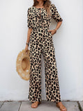 Perfee Tied Leopard Half Sleeve Jumpsuit - Hovatok
