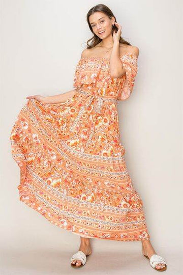 HYFVE Floral Off-Shoulder Tie Front Maxi Dress - Hovatok
