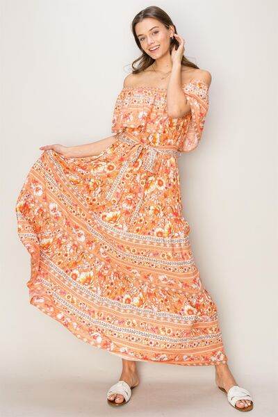 HYFVE Floral Off-Shoulder Tie Front Maxi Dress - Hovatok