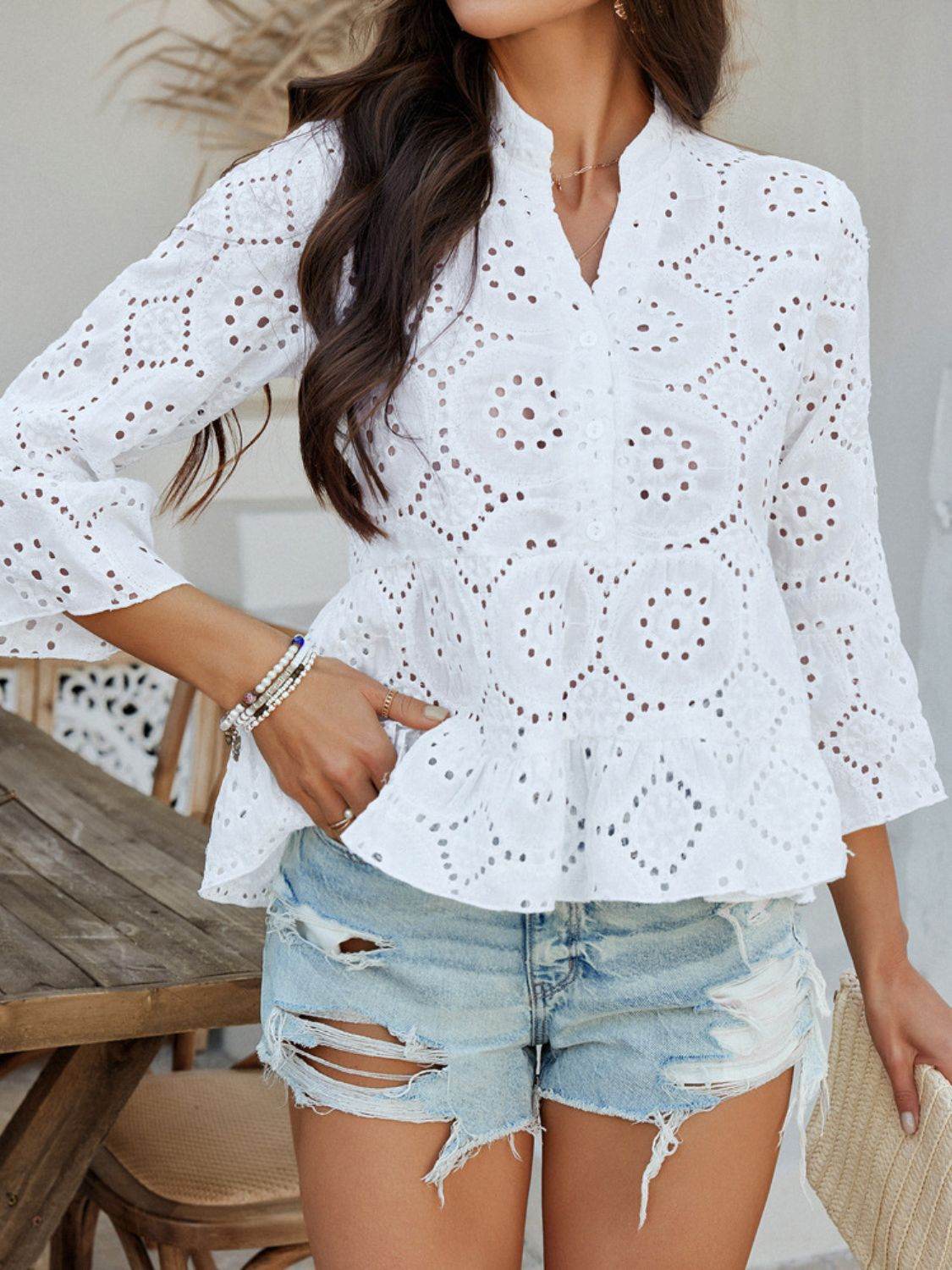 Devine Half Button Flounce Sleeve Peplum Blouse - Hovatok