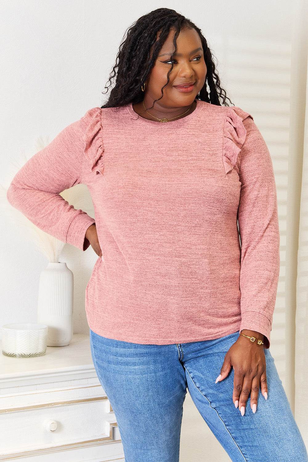 Double Take Ruffle Shoulder Long Sleeve T-Shirt - Hovatok
