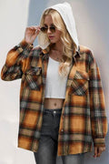Double Take Drawstring Plaid Long Sleeve Hooded Shacket - Hovatok