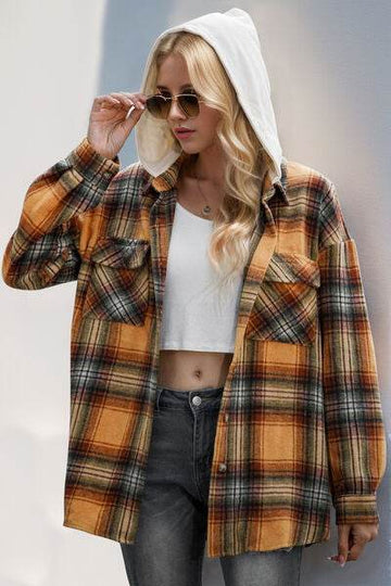 Double Take Drawstring Plaid Long Sleeve Hooded Shacket - Hovatok