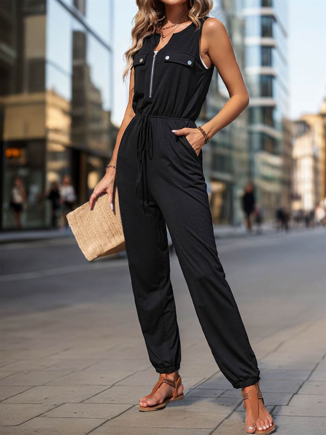 Perfee Half Zip Sleeveless Jumpsuit with Pockets - Hovatok